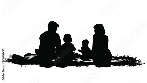 Summer picnic family silhouettes outdoor leisure activity concept