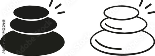 Set of 2 Zen Spa Stone Stack Icons Vector: Solid Black and Outline Style for Wellness, Balance, and Relaxation Design Elements