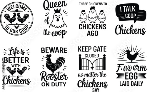 Funny chicken farm quotes and rooster hen illustrations collection, farmhouse poultry typography designs for t shirt prints stickers farm signs and rustic country decor