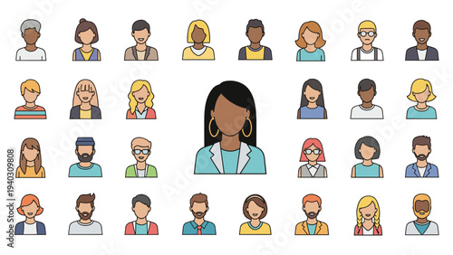 Diverse community of human avatars arranged around a central professional female figure representing leadership.