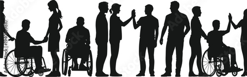 inclusive people silhouettes, disability support teamwork, wheelchair users community, equality diversity concept, inclusive society collaboration, diverse group helping together