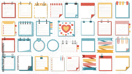 Massive collection of colorful sticky notes, memo pads, tags, and decorative ribbons for planning and scrapbooking.