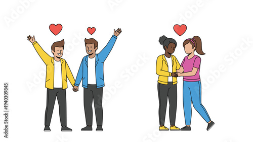 Inclusive illustration of diverse lgbt couples holding hands with floating red hearts to represent love and pride.