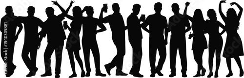 party people silhouettes group, dancing friends celebration, nightlife social gathering, music festival crowd, fun party atmosphere concept