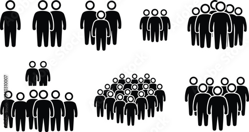 People crowd icon collection showing groups of human figures representing community audience teamwork population and social gathering concept isolated on white background