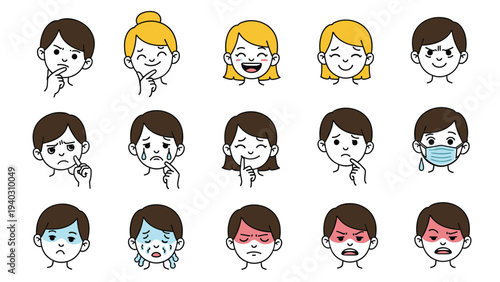 Detailed set of human facial expressions showing a wide range of emotions from happy and thinking to sad and angry.