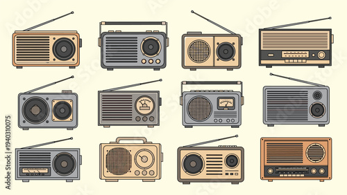 Twelve distinct vintage radio receiver illustrations in various retro styles, colors, and antenna configurations.