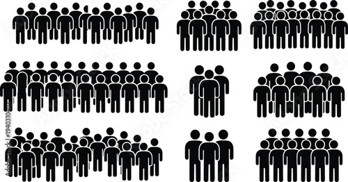 People crowd icon set showing groups of human figures representing community teamwork population audience and social gathering concept vector isolated on white background
