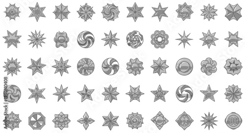 Assortment of Grey Scale Geometric Star and Swirl Abstract Icons on an Isolated White Background