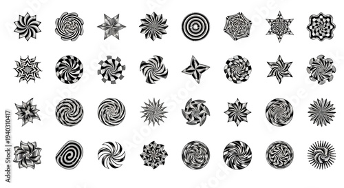 Intricate Collection of Black and White Geometric Star and Swirl Patterns on an Isolated White Background