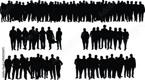 People crowd silhouette collection showing large groups of men and women standing together, community audience teamwork concept isolated on white background
