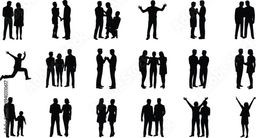 People silhouette collection showing couples friends family interaction celebration and relationships, human figures vector set isolated on white background for social lifestyle concept