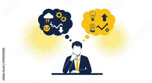 Businessman contemplating positive and negative outcomes, decision making, strategy