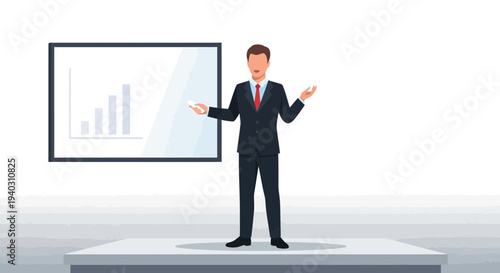 Businessman Presenting Financial Growth Chart on Stage with Gesturing Hands