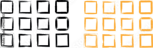 A collection of 16 rectangular brush strokes in black and orange hues on a white background