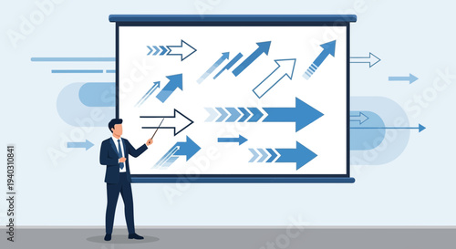 Businessman presenting growth arrows on a projection screen, business strategy concept