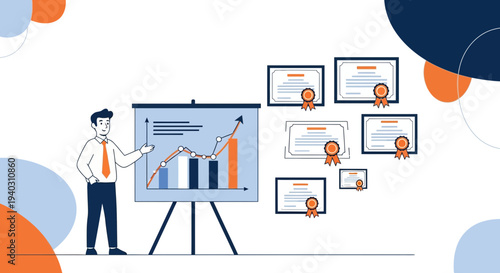 Businessman presenting growth chart and certificates of achievement, business success concept