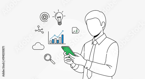 Businessman using smartphone with business analytics icons, charts, and cloud services