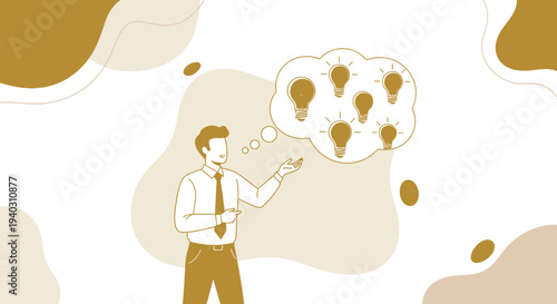 Businessman with many ideas in his head, light bulbs symbolizing innovation and creativity