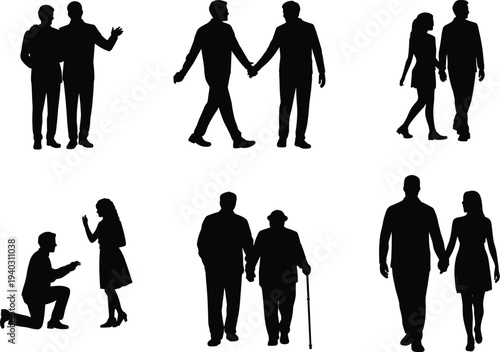 Romantic couple silhouette set with partners walking holding hands proposal and elderly couple support, love relationship vector collection isolated on white background