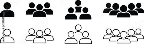 People user group icon set representing community team audience and social network concept, simple human avatar vector symbols isolated on white background