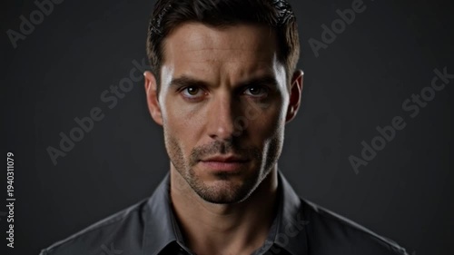 Close up portrait of a man looking directly at the camera with dark background