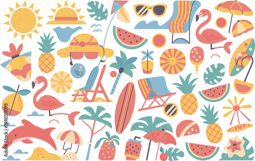 Vibrant summer pattern with colorful beach elements like sun hat ice cream surfboard and flamingo.