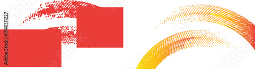 Abstract pixelated graphic with red squares and yellow arc