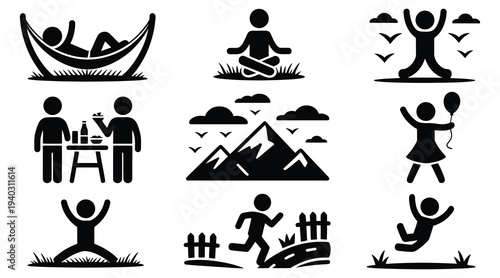 Black silhouette vector outdoor activity and lifestyle icons set isolated on white background