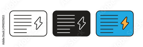 Utility billing card icon set featuring energy bolt symbol. Ideal for electricity bills, power consumption tracking, and renewable energy services.