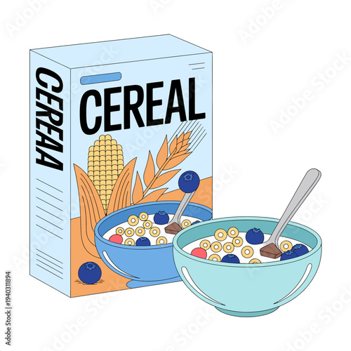 Cartoon cereal box and bowl with cereal and milk and blueberries and spoons
