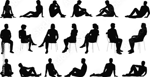 Collection of sitting people silhouettes, men and women seated on chair and floor in various poses, human body language set isolated on white background