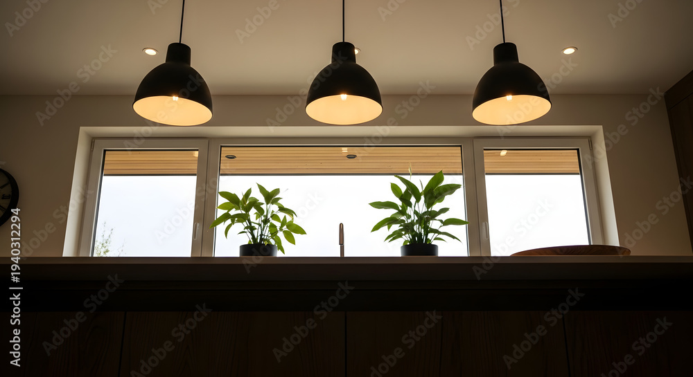 Obraz premium Three pendant lights illuminating two potted plants on a countertop in front of a window