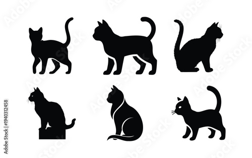 Set of 6 black cat silhouettes, isolated on transparent and white background, vector