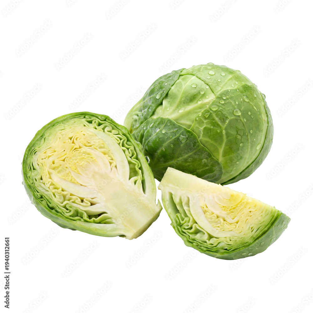 Fototapeta premium Fresh and vibrant green Brussels sprouts, meticulously presented both whole and neatly cut, highlighting their crisp texture and healthy appeal for culinary uses