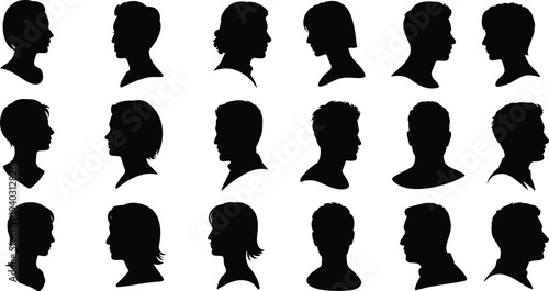 Human head silhouette collection, men and women side profile portraits set, diverse people face shapes isolated on white background, avatar profile icons bundle