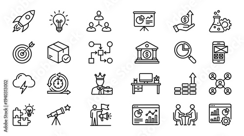 Set of business icons vector, line style, black and white