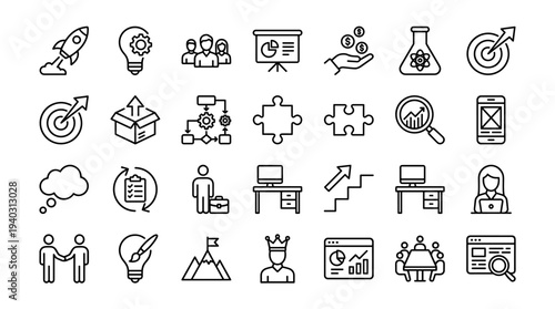 Set of business icons vector, line style, black and white