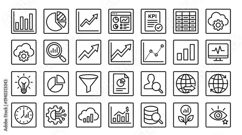 Set of business icons vector, line style, black and white