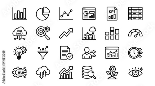 Set of business icons vector, line style, black and white