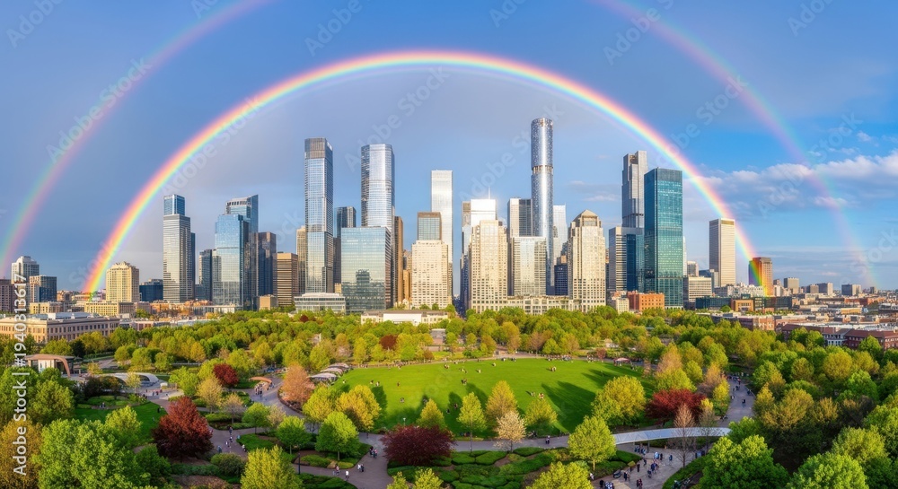 Fototapeta premium Rainbow Arching Over Cityscape: A breathtaking panorama unfolds as a vibrant rainbow gracefully arches over a sprawling cityscape, illuminating the skyline with nature's radiant art.