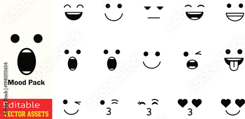 A versatile collection of black and white vector icons depicting a wide range of human emotions and expressions, including joyful laughter, surprise, shock, playfulness, affection, and skepticism.