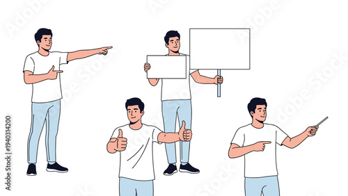 Versatile man character shown in various poses such as holding a presentation sign, pointing to information, and giving double thumbs-up.