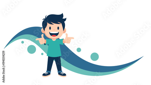 Cheerful young boy gesturing towards two different directions against a dynamic blue abstract wave background to represent choices or paths.