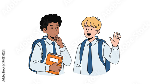 Two young schoolboys with backpacks where one friend waves a greeting while the other holds a book and thinks about his studies.