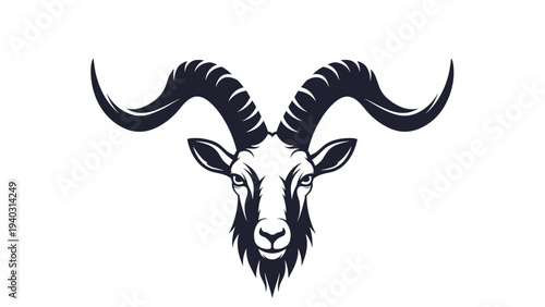 Powerful black and white line art illustration of a mountain goat head with majestic curved horns representing strength and independence.