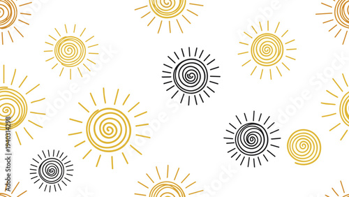 Artistic seamless pattern featuring diverse hand-drawn sun illustrations in yellow and dark grey spirals on a white background.