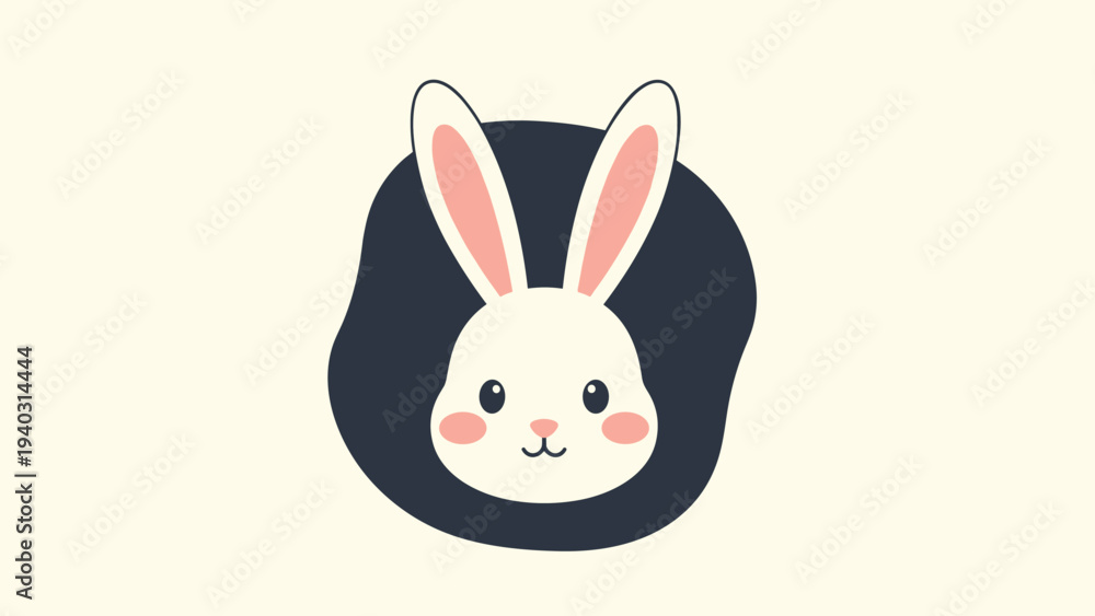 Fototapeta premium Cute white rabbit face with long ears and pink cheeks centered in a dark organic shape on a cream background.