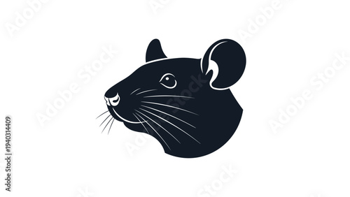 Solid black silhouette of a rat head in profile view with detailed whiskers and ears isolated on a white background.