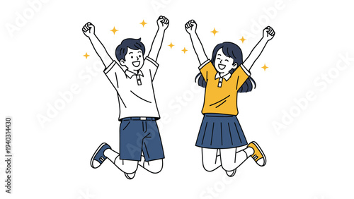 Two happy students in school uniforms jumping high in the air with their arms raised in celebration of success.